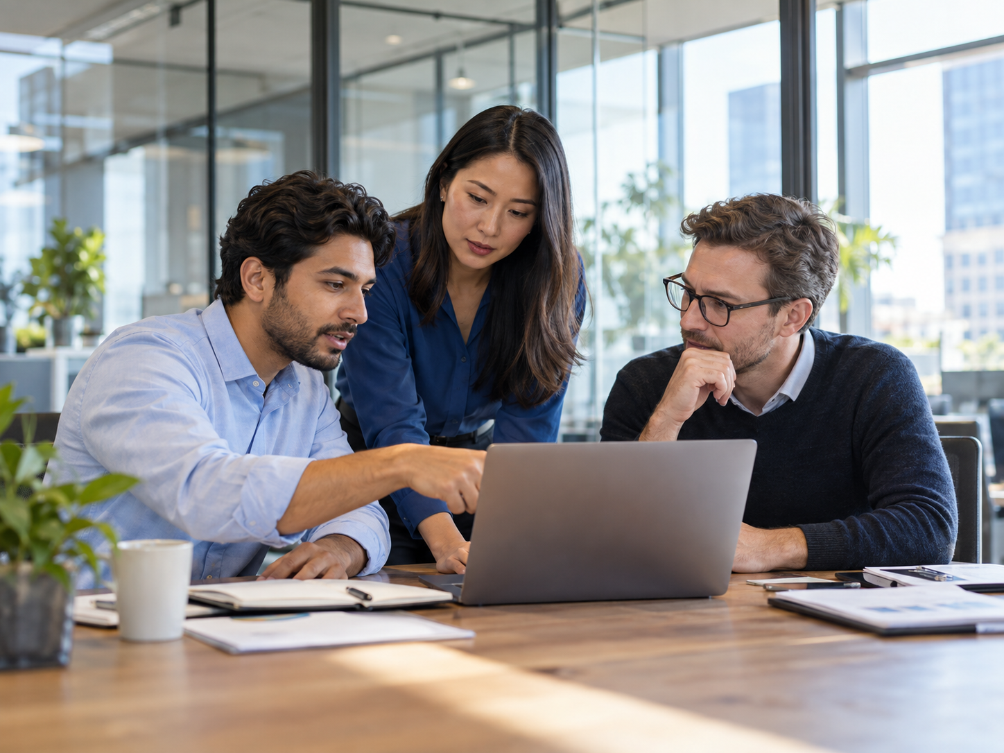 Illustrative scene of technology consultants working together in a modern office