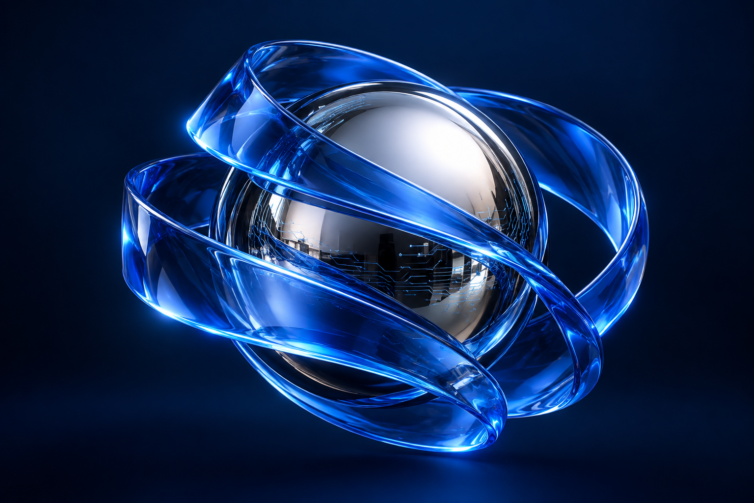 Cobalt blue glass ribbons around a silver sphere